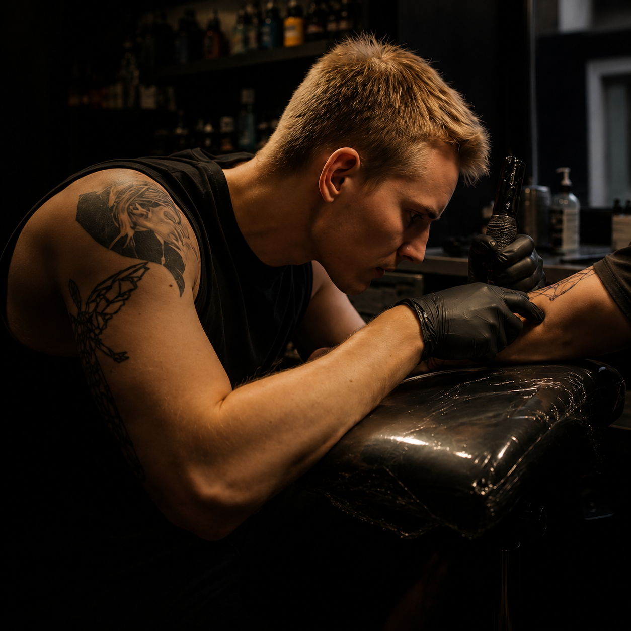 Mark Joakim Saaremets tattooing in the MJS TATTOOS studio