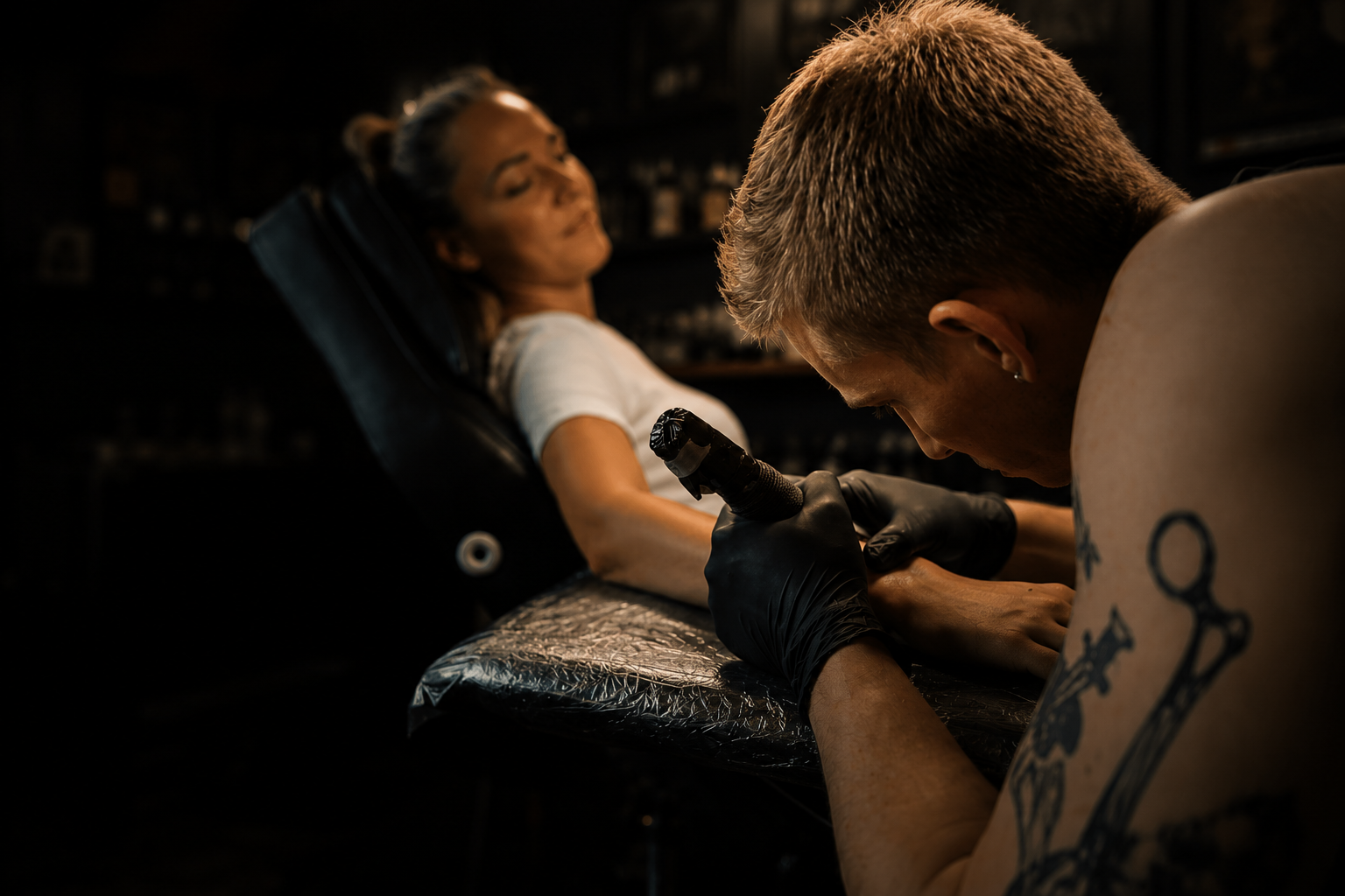 Mark Joakim tattooing a client's forearm in the studio